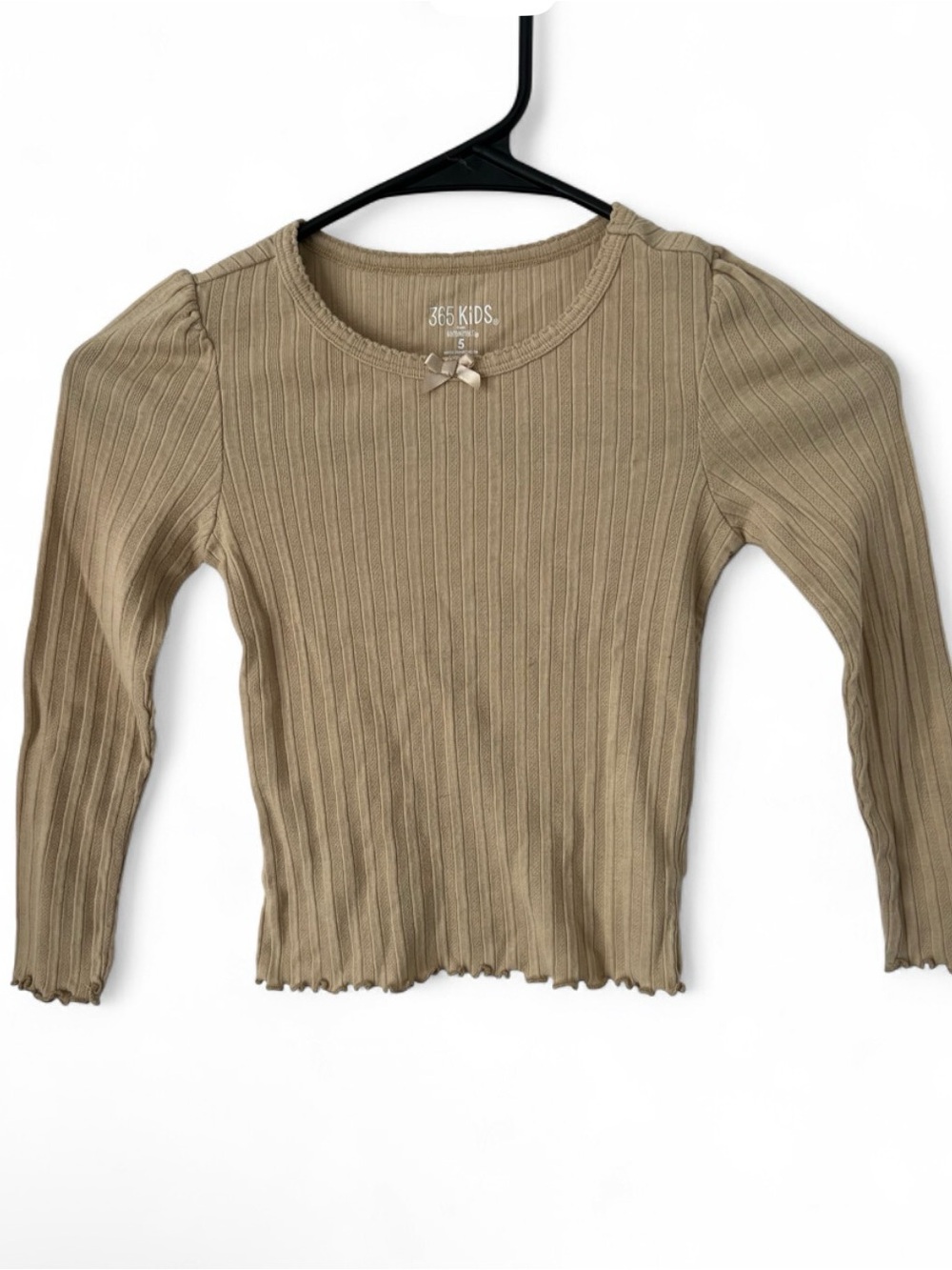 365 Kids Girls Ribbed Long-Sleeve Top in Tan with Bow Detail